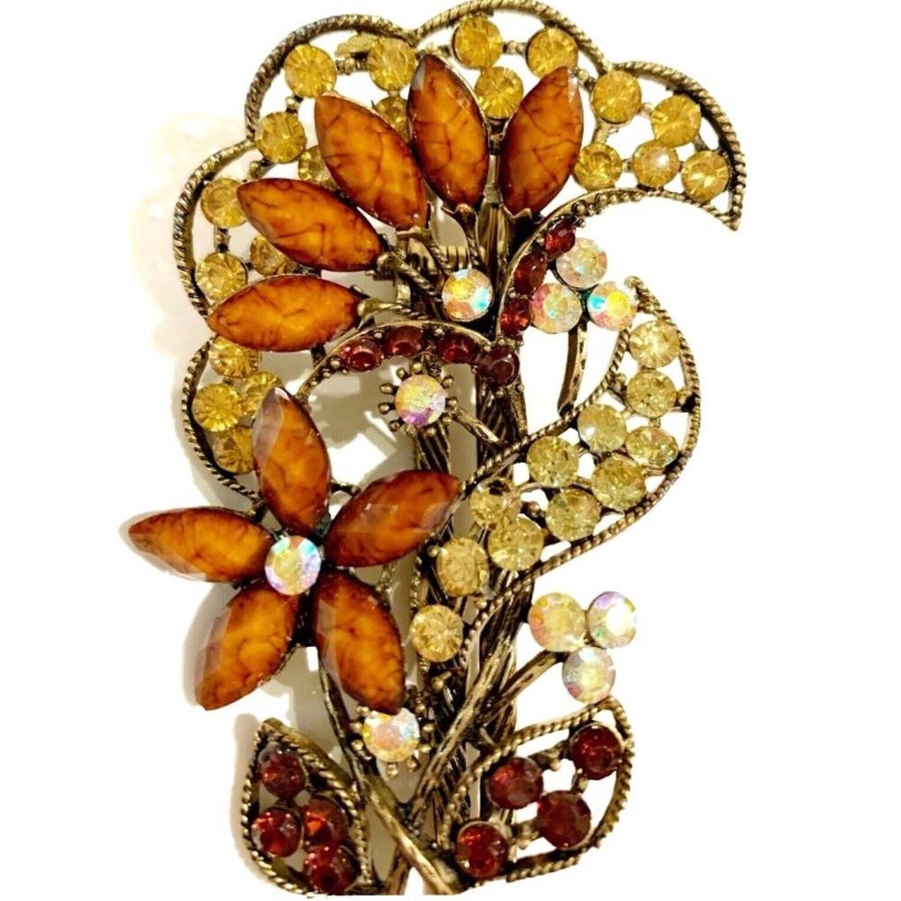 Rhinestone Flower Hair Piece Clip Brown Gold Sparkly Formal Wedding Prom Floral